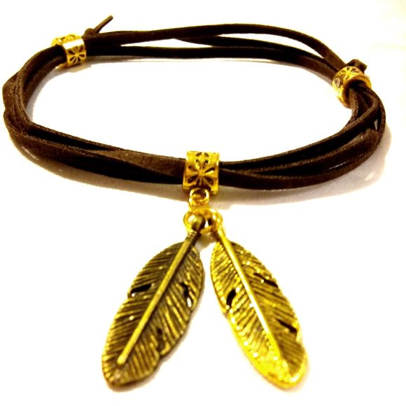 Boho Leather Wrap Bracelet With Feathers - Picture 1 of 5